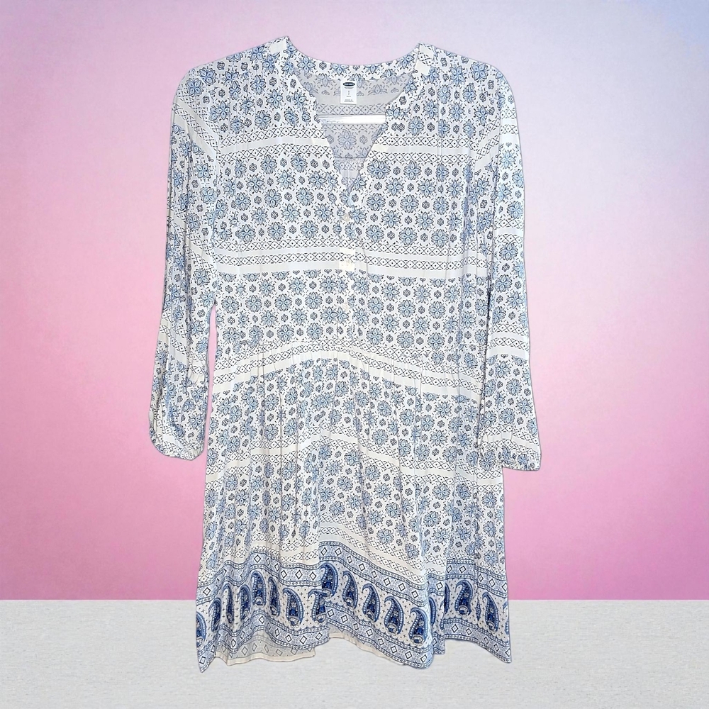 Old Navy Long Sleeve Boho Peasant Dress White and Blue Print Sz Petite Small PS